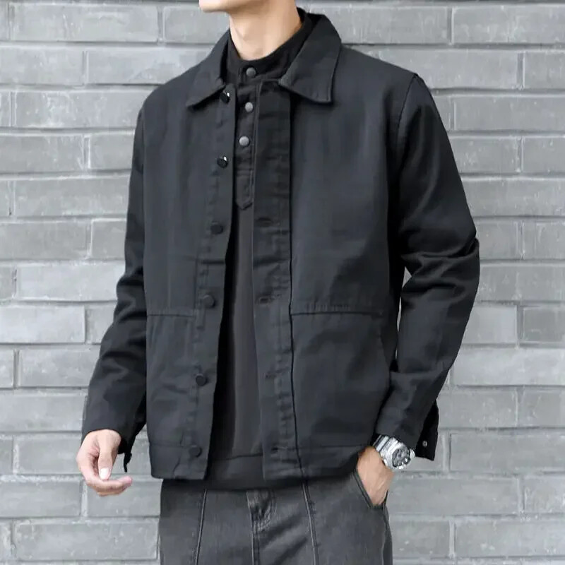 Vīriešu džinsa mēteļi, melni vintage vīriešu džinsa jaka japāņu pogas, ātra piegāde, zīmola korejiešu stila kovboju mode, valkāta jauna, G