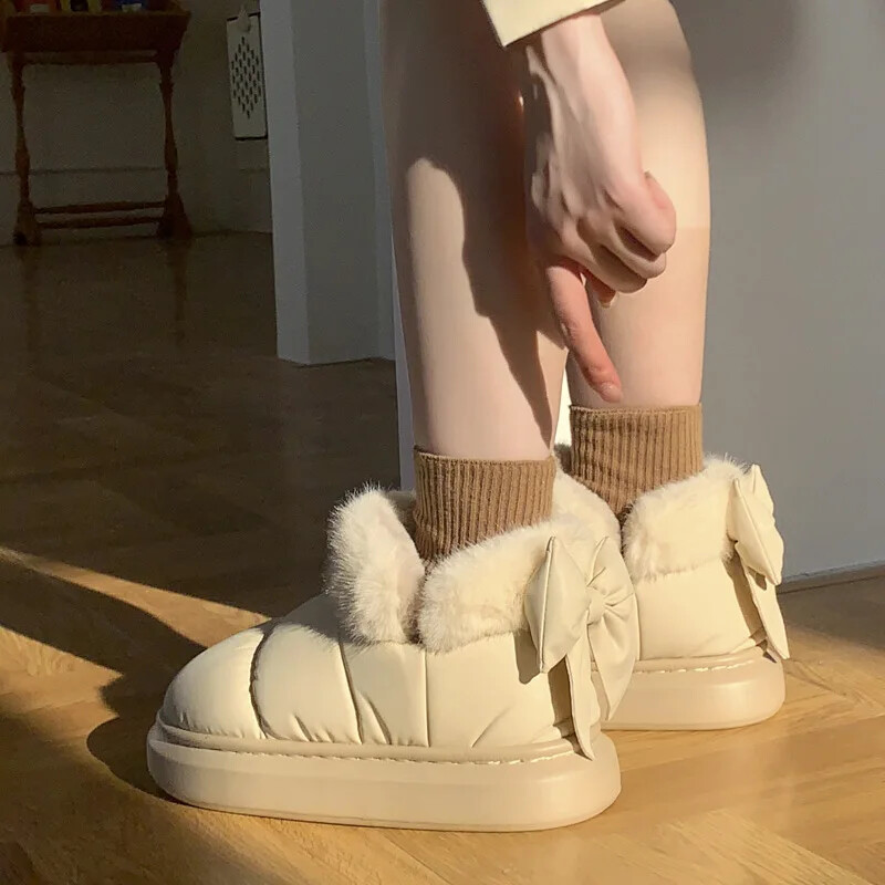 Mieli, šilti, žieminiai, moteriški lanko šilti, pliušiniai medvilniniai batai 2024 m. Nauji vandeniui atsparūs pūkiniai trumpi sniego batai