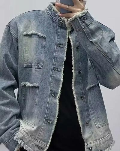 Tavaszi őszi rojtos állvány gallér farmer dzseki férfi koreai stílusú színátmenetes ruházat Divatos márka mosás szorongatott felsőruházat