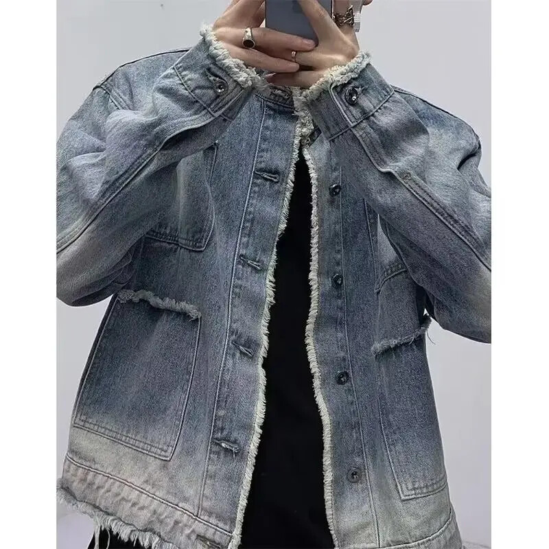 Tavaszi őszi rojtos állvány gallér farmer dzseki férfi koreai stílusú színátmenetes ruházat Divatos márka mosás szorongatott felsőruházat