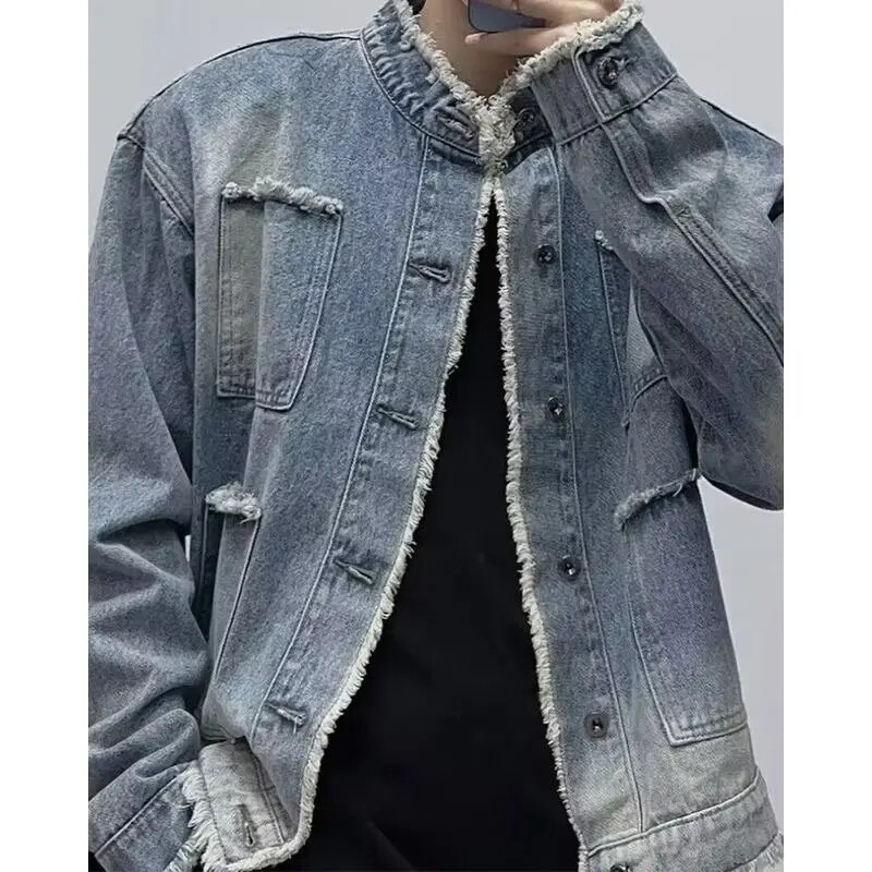 Tavaszi őszi rojtos állvány gallér farmer dzseki férfi koreai stílusú színátmenetes ruházat Divatos márka mosás szorongatott felsőruházat