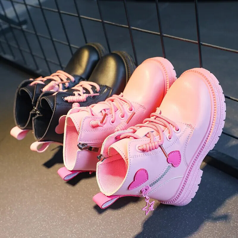 Lány bokacsizma divat Princess PU bőr gumi külső talp gyermek rövid csizma őszi téli cipzár rózsaszín szerelmes szívvel