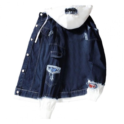 Vīriešu džinsu jaka ar raibumu Stilīga vīriešu pavasara jaka ar kapuci ar krāsu pieskaņotu dizainu, vienrindas aizdare, saplēsta vīriešiem