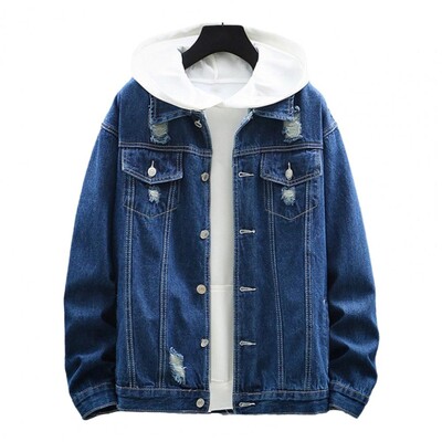 Vīriešu džinsu jaka ar raibumu Stilīga vīriešu pavasara jaka ar kapuci ar krāsu pieskaņotu dizainu, vienrindas aizdare, saplēsta vīriešiem