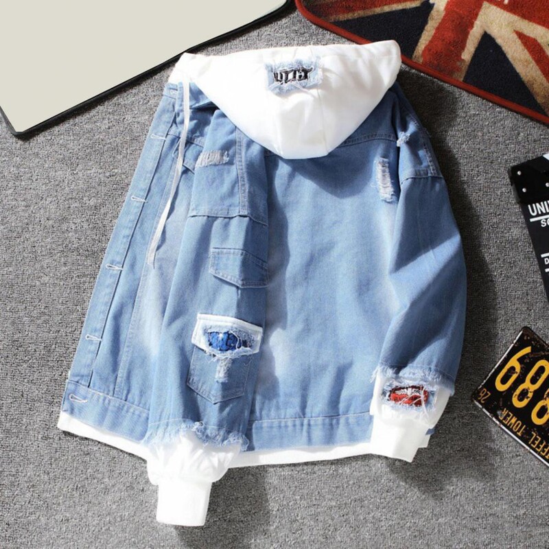 Vīriešu džinsu jaka ar raibumu Stilīga vīriešu pavasara jaka ar kapuci ar krāsu pieskaņotu dizainu, vienrindas aizdare, saplēsta vīriešiem