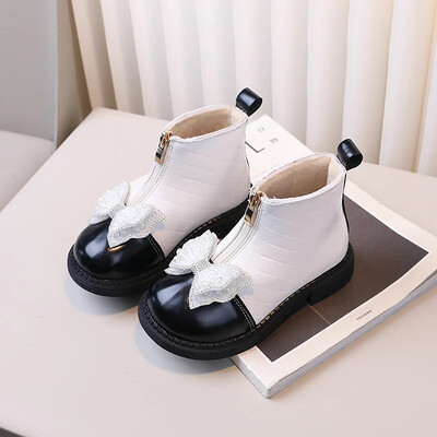 Vaikiški šilti princesiški batai Neslystantys mergaičių madingi batai su Sweet Bow 2024 m. Nauji vaikiški trumpi odiniai batai su priekiniu užtrauktuku