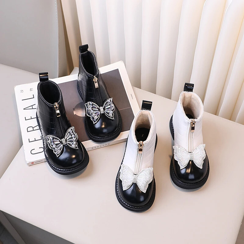 Vaikiški šilti princesiški batai Neslystantys mergaičių madingi batai su Sweet Bow 2024 m. Nauji vaikiški trumpi odiniai batai su priekiniu užtrauktuku