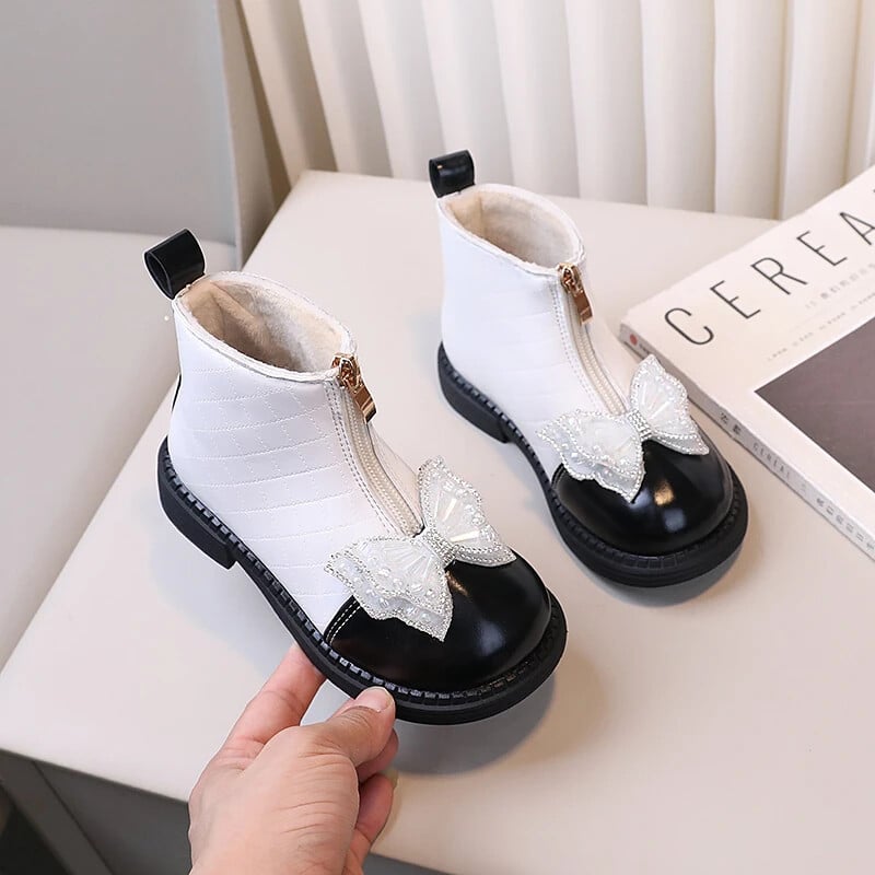 Vaikiški šilti princesiški batai Neslystantys mergaičių madingi batai su Sweet Bow 2024 m. Nauji vaikiški trumpi odiniai batai su priekiniu užtrauktuku