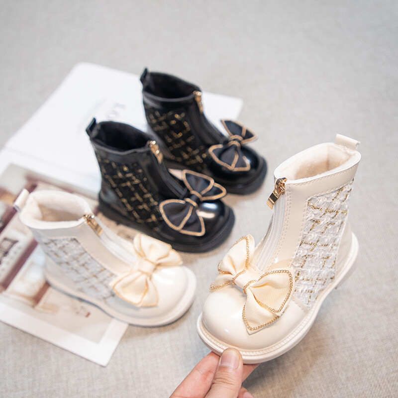 Meiteņu īsi zābaki Vienkārši mīksti, elpojoši bērnu modes ādas zābaki ar rāvējslēdzēju bērniem, saldi princešu zābaki ar banti ziemas