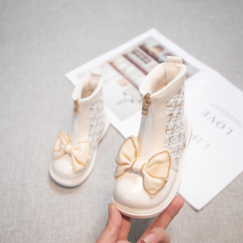 Meiteņu īsi zābaki Vienkārši mīksti, elpojoši bērnu modes ādas zābaki ar rāvējslēdzēju bērniem, saldi princešu zābaki ar banti ziemas