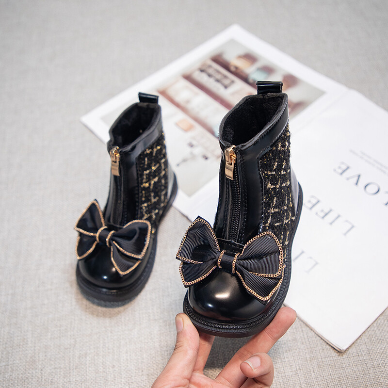 Meiteņu īsi zābaki Vienkārši mīksti, elpojoši bērnu modes ādas zābaki ar rāvējslēdzēju bērniem, saldi princešu zābaki ar banti ziemas