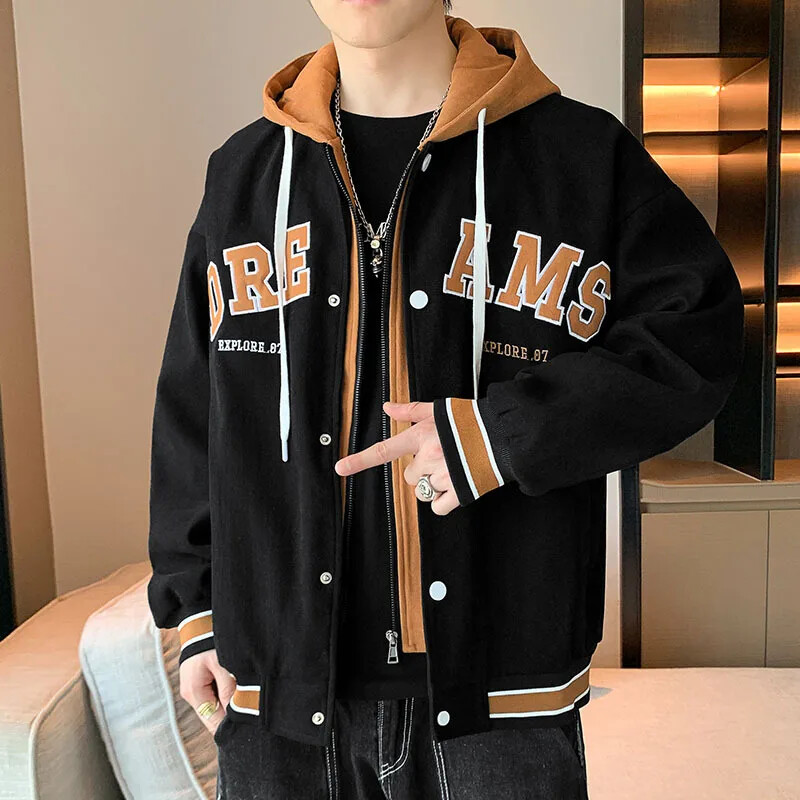 2023 m. naujo stiliaus vyriška iliuzijos striukė su gobtuvu, amerikietiško stiliaus beisbolo megztinis, madingas jaunimo švarkas, dviejų dalių rinkinys pavasario rudeniui