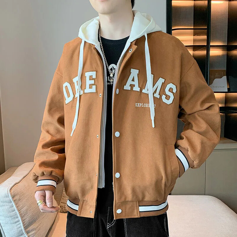 2023 m. naujo stiliaus vyriška iliuzijos striukė su gobtuvu, amerikietiško stiliaus beisbolo megztinis, madingas jaunimo švarkas, dviejų dalių rinkinys pavasario rudeniui