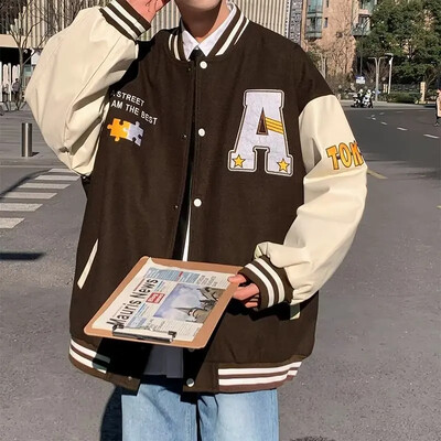 Vintage amerikāņu stila beisbola jaka vīriešiem Rudens Jaunums Moderns Zīmols Krāsu Bloķējošs Lose Fit Burtu izšuvums