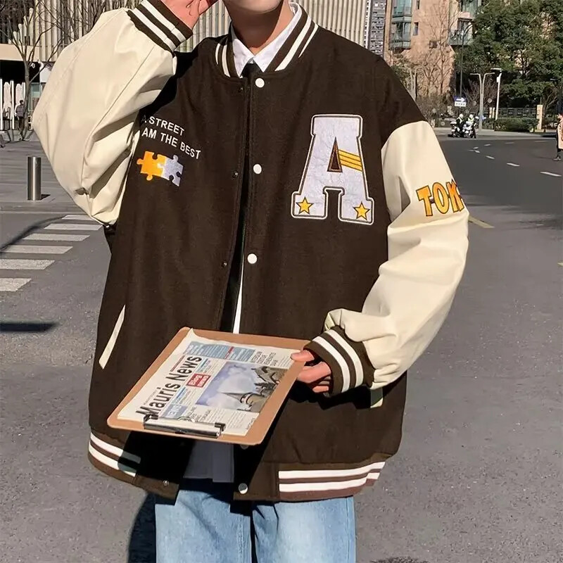 Vintage amerikāņu stila beisbola jaka vīriešiem Rudens Jaunums Moderns Zīmols Krāsu Bloķējošs Lose Fit Burtu izšuvums