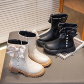 Meiteņu ādas zābaki ar pērlēm, vienkārši neslīdoši bērniem, loka mezgli, puszābaki Eleganti bērniem Modes princešu zābaki pret slīdēšanu