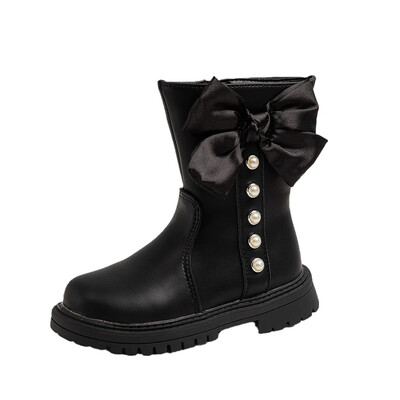 Meiteņu ādas zābaki ar pērlēm, vienkārši neslīdoši bērniem, loka mezgli, puszābaki Eleganti bērniem Modes princešu zābaki pret slīdēšanu