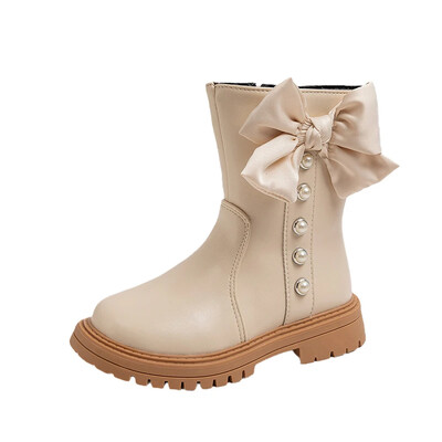 Meiteņu ādas zābaki ar pērlēm, vienkārši neslīdoši bērniem, loka mezgli, puszābaki Eleganti bērniem Modes princešu zābaki pret slīdēšanu