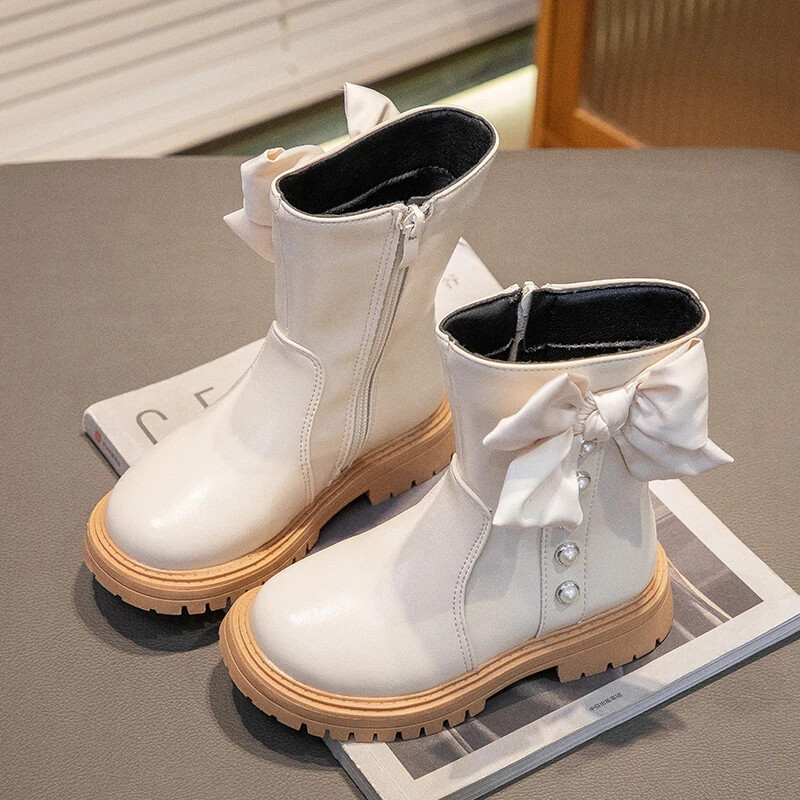 Meiteņu ādas zābaki ar pērlēm, vienkārši neslīdoši bērniem, loka mezgli, puszābaki Eleganti bērniem Modes princešu zābaki pret slīdēšanu