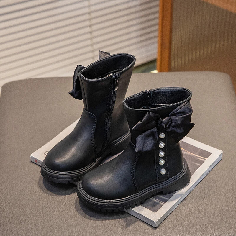 Meiteņu ādas zābaki ar pērlēm, vienkārši neslīdoši bērniem, loka mezgli, puszābaki Eleganti bērniem Modes princešu zābaki pret slīdēšanu