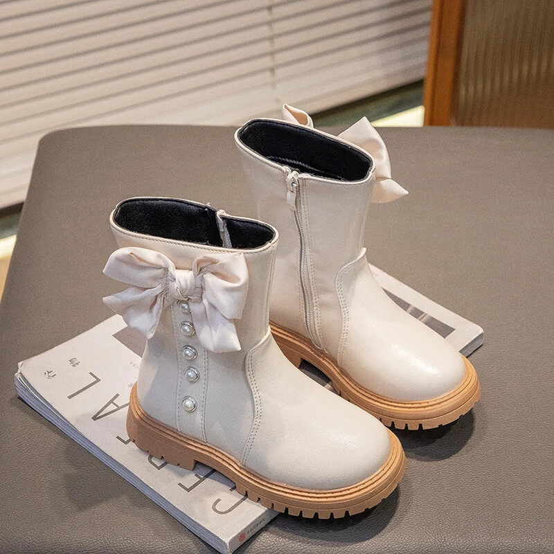 Meiteņu ādas zābaki ar pērlēm, vienkārši neslīdoši bērniem, loka mezgli, puszābaki Eleganti bērniem Modes princešu zābaki pret slīdēšanu