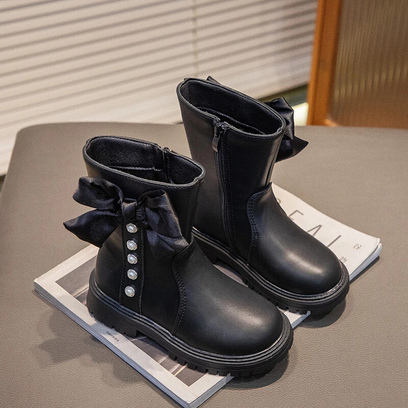 Meiteņu ādas zābaki ar pērlēm, vienkārši neslīdoši bērniem, loka mezgli, puszābaki Eleganti bērniem Modes princešu zābaki pret slīdēšanu