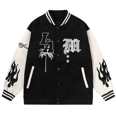 Letter Hímzés Férfi Baseball dzseki Y2k Flame Leather Varsity dzseki Széldzseki High Street Hip-Hop Vintage Kabát Ruházat