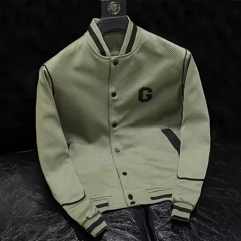 Vīriešu pavasara rudens amerikāņu stila vintage statīva apkakle, brīva piegriezuma ikdienas darba apģērbs ar garām piedurknēm Bomber jaka beisbola uniforma