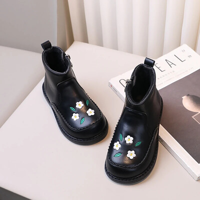 Bērnu ādas īsi zābaki meitenēm 2024. gada rudens ziema, jauna mode, korejiešu stila saldie ziedi, eleganti daudzpusīgi plīša apavi ar rāvējslēdzēju