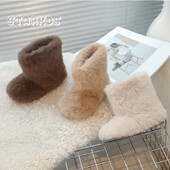 Luksusa biezas kažokādas zābaki kazlēnu meitenei pūkaini silti plīša zābaciņi bērnam 2024. gada ziemas jauni, apaļi purngalu uzvelkami āra kokvilnas apavu izmēri 21-35