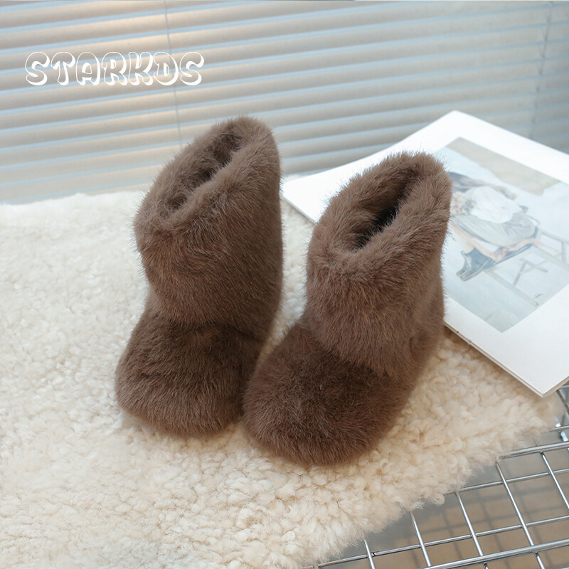 Luksusa biezas kažokādas zābaki kazlēnu meitenei pūkaini silti plīša zābaciņi bērnam 2024. gada ziemas jauni, apaļi purngalu uzvelkami āra kokvilnas apavu izmēri 21-35