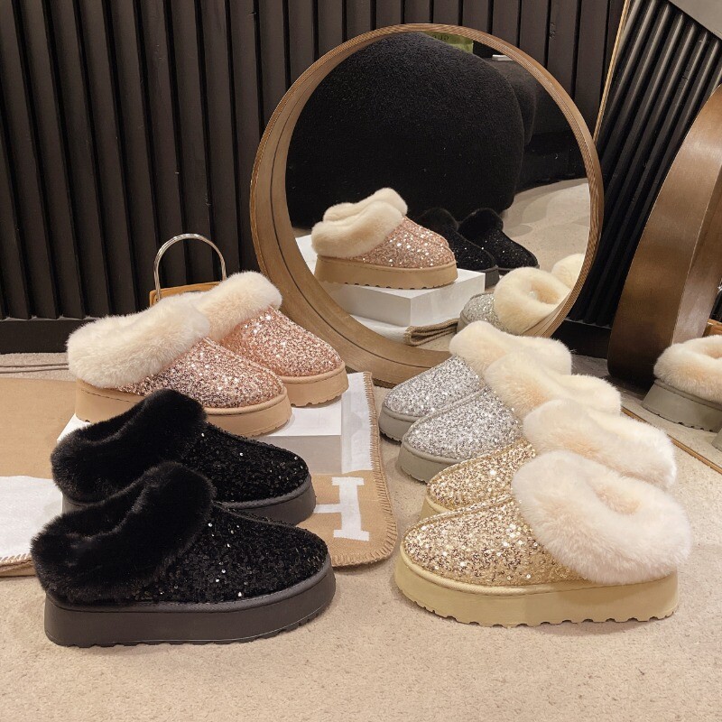 Téli műszőrme Téli csizma Csillogó női csúszásmentes plüss hócsizma női vastag aljú meleg pamut cipő Platform Botas Mujer