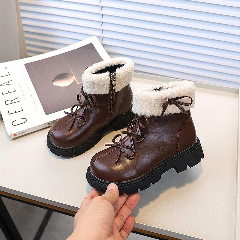 Lány téli csizmák Édes, elegáns gyermekplatformos bokacsizmák Elegáns Bowknot Sokoldalú Gyerekek Divatos Pamut csizmák Új, egyszínű