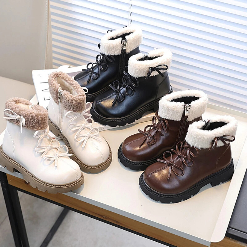 Lány téli csizmák Édes, elegáns gyermekplatformos bokacsizmák Elegáns Bowknot Sokoldalú Gyerekek Divatos Pamut csizmák Új, egyszínű