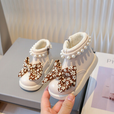 Lány téli csizma Polár meleg gyöngyös masnival vaskos aranyos gyerek rövid csizma cipzár kerek orrú pu bőr divatos gyerekcipő