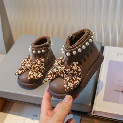 Lány téli csizma Polár meleg gyöngyös masnival vaskos aranyos gyerek rövid csizma cipzár kerek orrú pu bőr divatos gyerekcipő