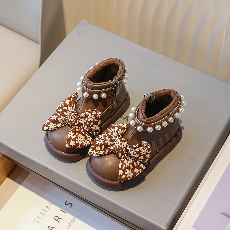 Lány téli csizma Polár meleg gyöngyös masnival vaskos aranyos gyerek rövid csizma cipzár kerek orrú pu bőr divatos gyerekcipő