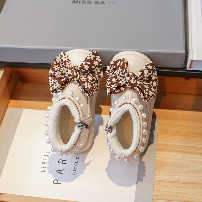 Lány téli csizma Polár meleg gyöngyös masnival vaskos aranyos gyerek rövid csizma cipzár kerek orrú pu bőr divatos gyerekcipő