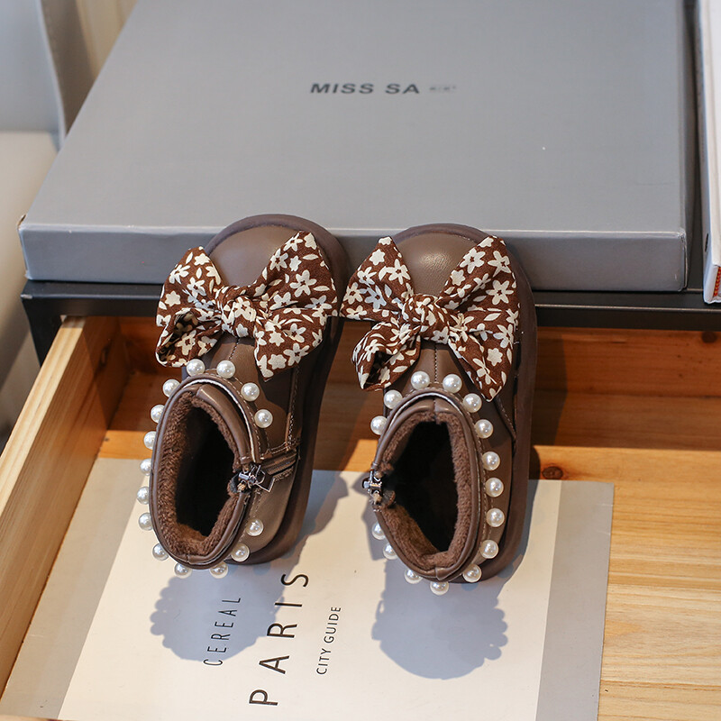 Lány téli csizma Polár meleg gyöngyös masnival vaskos aranyos gyerek rövid csizma cipzár kerek orrú pu bőr divatos gyerekcipő