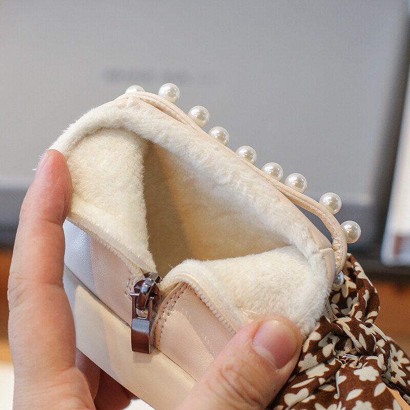 Lány téli csizma Polár meleg gyöngyös masnival vaskos aranyos gyerek rövid csizma cipzár kerek orrú pu bőr divatos gyerekcipő