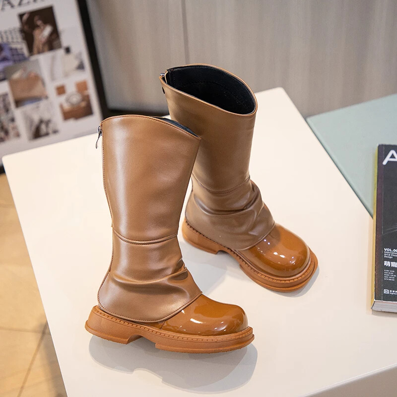 Meiteņu zābaki daudzpusīgi, mīksta krāsa, kas atbilst spīdīgai 2024. gada bērnu apaviem, melni brūni, elpojoši eleganti, eleganti bērnu ikdienas zābaki