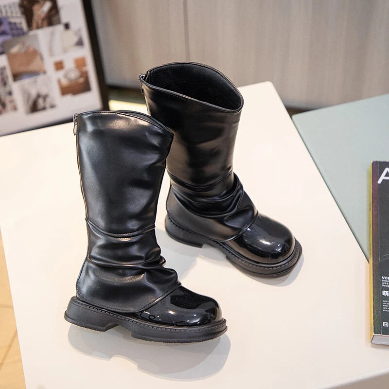 Meiteņu zābaki daudzpusīgi, mīksta krāsa, kas atbilst spīdīgai 2024. gada bērnu apaviem, melni brūni, elpojoši eleganti, eleganti bērnu ikdienas zābaki