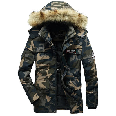Palton cu glugă din bumbac îngroșat Jachetă de camuflaj pentru bărbați cu guler mare Parka casual căptușită pentru toate anotimpurile