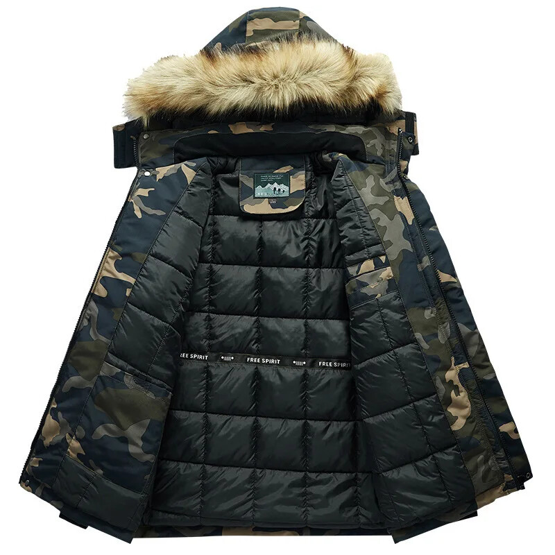 Palton cu glugă din bumbac îngroșat Jachetă de camuflaj pentru bărbați cu guler mare Parka casual căptușită pentru toate anotimpurile
