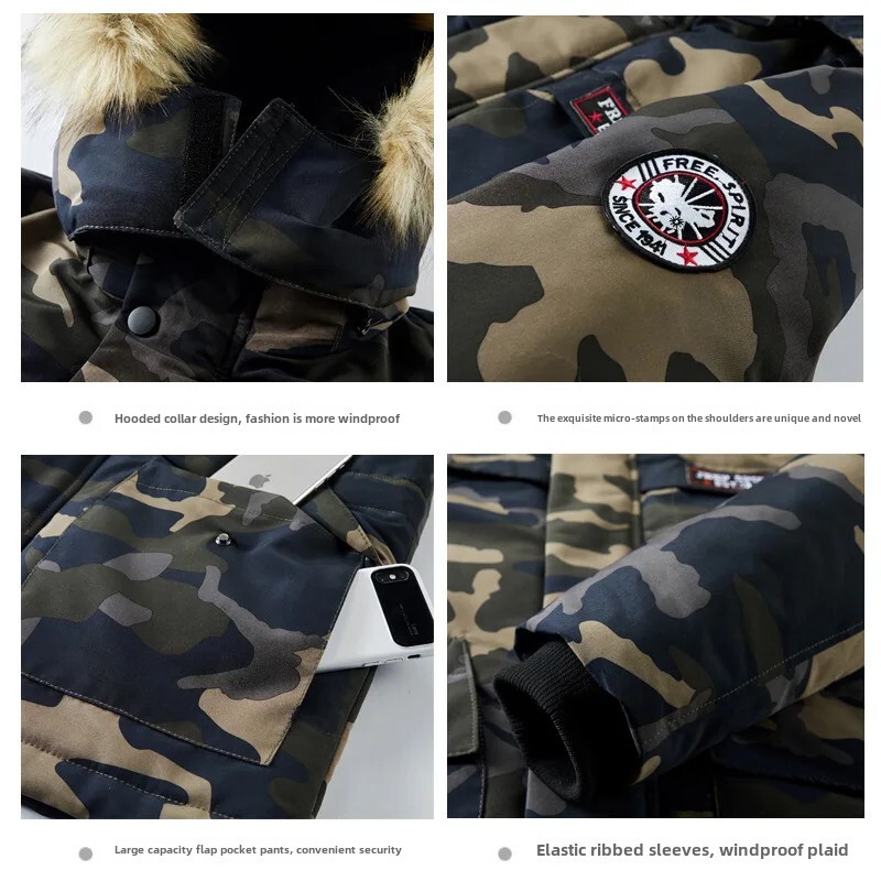 Palton cu glugă din bumbac îngroșat Jachetă de camuflaj pentru bărbați cu guler mare Parka casual căptușită pentru toate anotimpurile