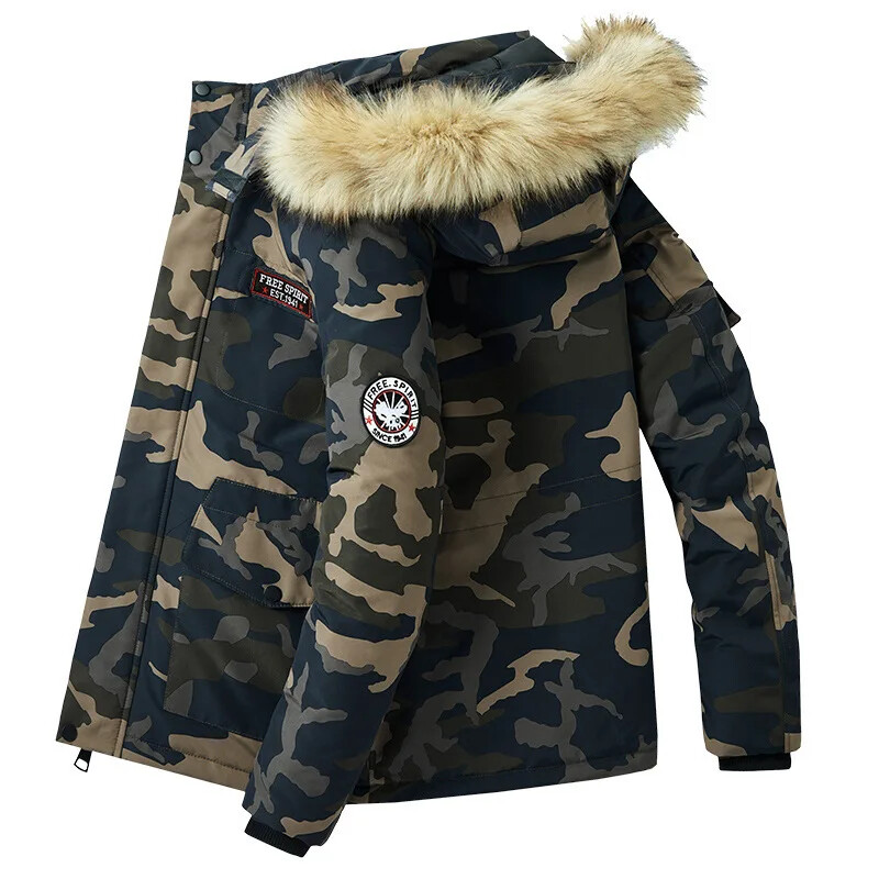 Palton cu glugă din bumbac îngroșat Jachetă de camuflaj pentru bărbați cu guler mare Parka casual căptușită pentru toate anotimpurile