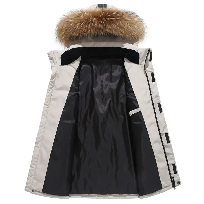 Vīriešu mēteļi ar kapuci kažokādas apkakles jakas ziemas ikdienas pīļu dūnu mēteļi kvalitatīvi vīriešu āra vēja necaurlaidīgi ziemas siltie parki