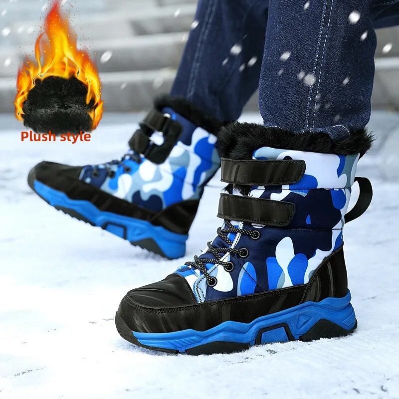 Žieminiai naujo stiliaus vaikiški sniego batai, vilnos pamušalas ir pastorinimas, šilti medvilniniai berniukų batai, atsparūs vandeniui ir neslystantys sniego batai