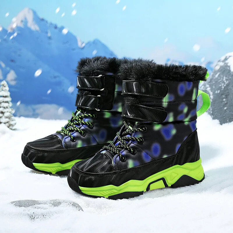 Gyerekek téli meleg pamut csizmák fiú gyermek terepszínű polár béléssel, vastagított gumi külső talp vízálló középtől nagy gyermek női