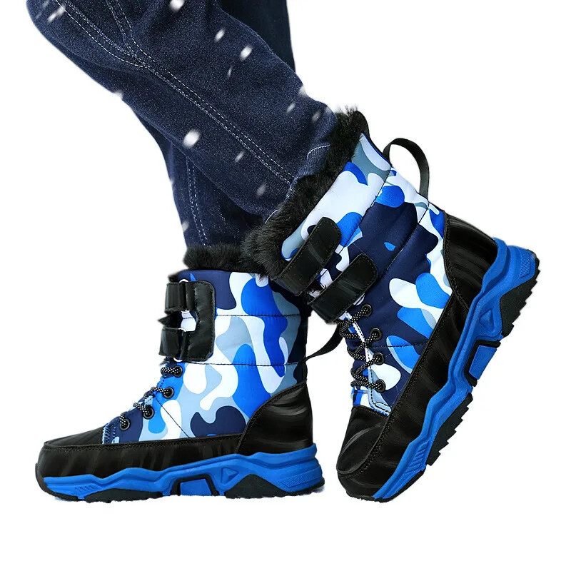 Gyerekek téli meleg pamut csizmák fiú gyermek terepszínű polár béléssel, vastagított gumi külső talp vízálló középtől nagy gyermek női